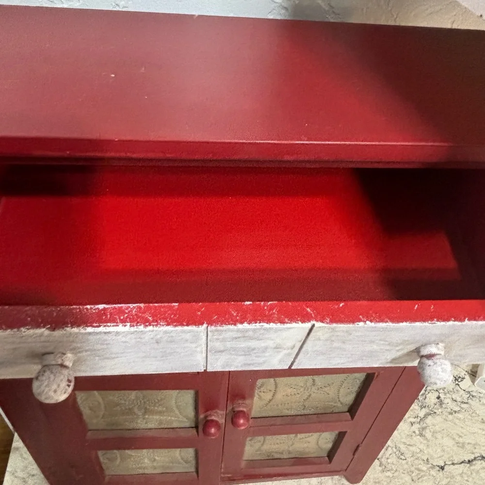 Red Small Counter Top Pie Safe Cabinet Distressed White Drawer Tin-Style Panels